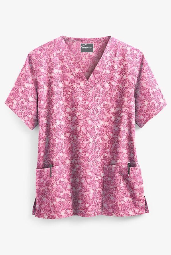 Butter-Soft Tonal Damask Ballet Pink Women's 2-Pocket V-Neck Print Scrub Top - null - 1