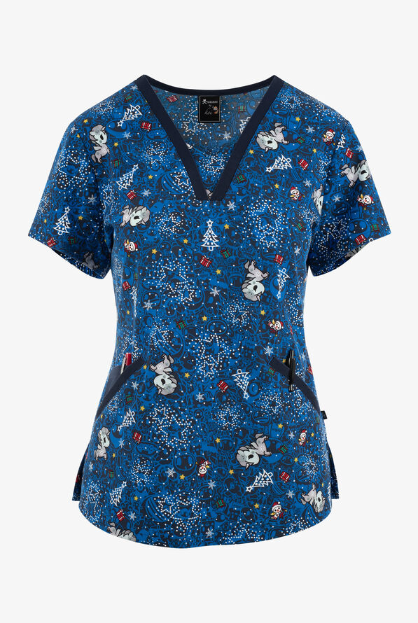 koi tokidoki Sparkling Holiday Unicorn Christmas Women's 3-Pocket STRETCH Print Scrub Top - null - 1