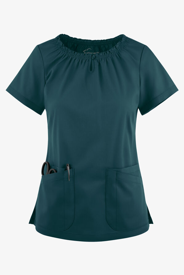 Blusa m&eacute;dica UA Butter-Soft STRETCH estilo campesina con mangas cortas y 6 bolsillos para mujer - Caribbean Blue - 1