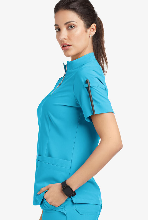 Easy STRETCH Jen Women's 4-Pocket Zip-Neck Short Sleeve Scrub Top - Turquoise - 5