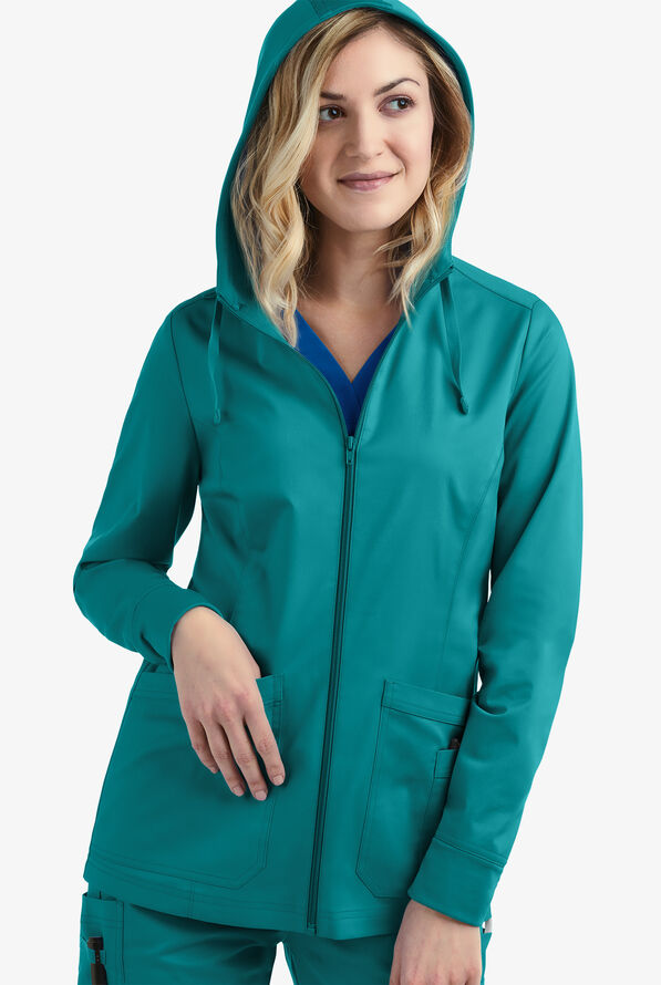 Sudadera m&eacute;dica con capucha abrigada UA Butter-Soft STRETCH con cremallera y 3 bolsillos para mujer - Teal - 3