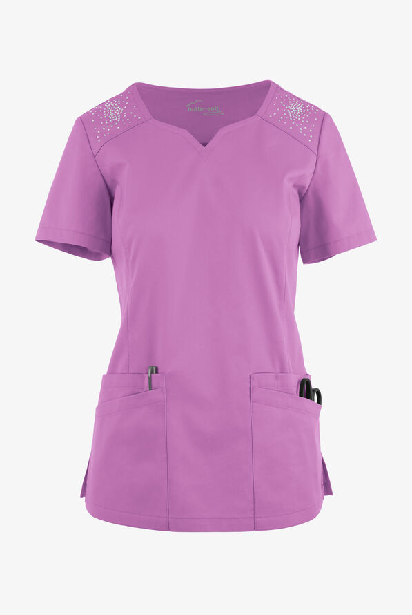 Butter-Soft STRETCH Women's 6-Pocket Crystal Bling Scrub Top - Orchid - 1