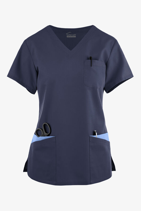 Blusa médica Butter-Soft Originals con cuello en V redondeado y 7 bolsillos para mujer - Navy/Ceil - 1