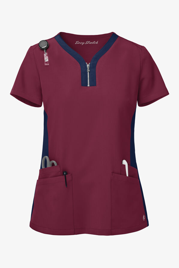 Easy STRETCH Lily Women's 4-Pocket Zip Neck Henley Scrub Top - Wine/Navy - 1