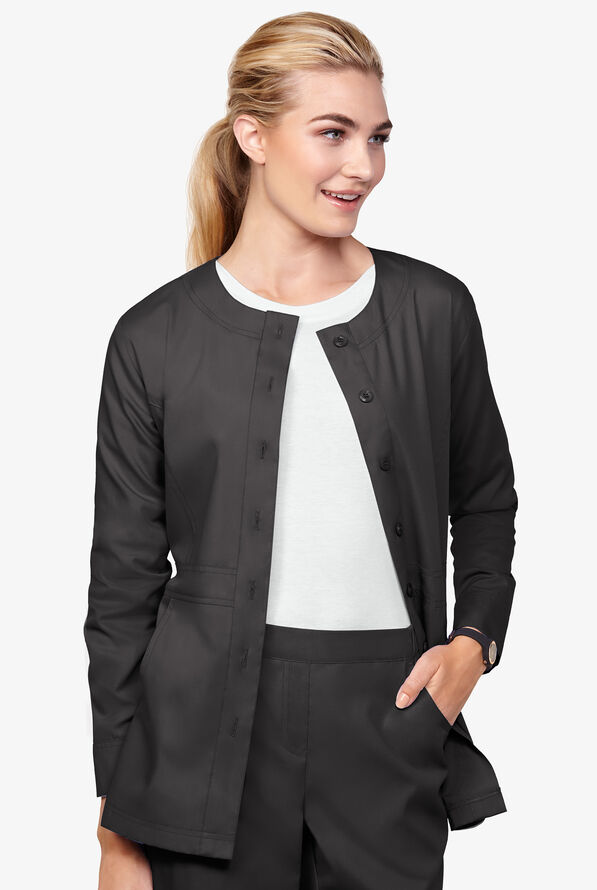 Butter-Soft Core by UA™ Ladies 3-Pocket Button Front Warm-Up Scrub Jacket - Petite - Black - 2