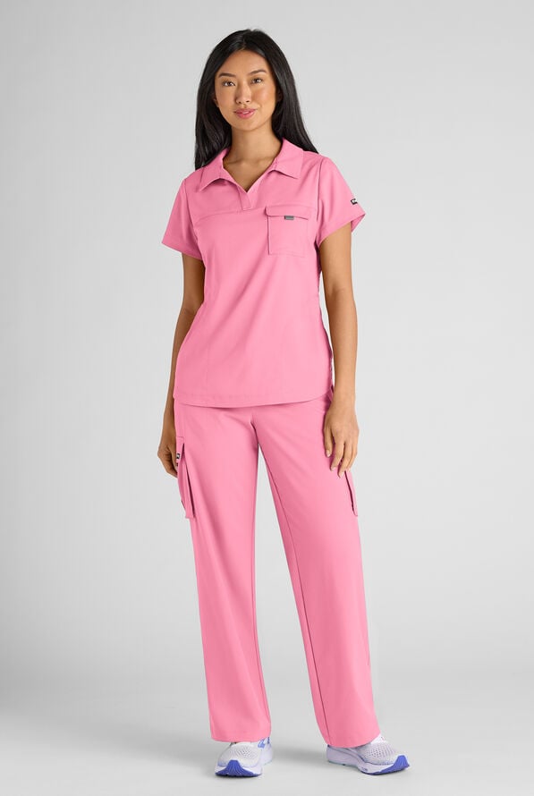 Grey's Anatomy by Barco Emerge Emery Women's 3-Pocket STRETCH Collar V-Neck Scrub Top - Glow Pink - 6
