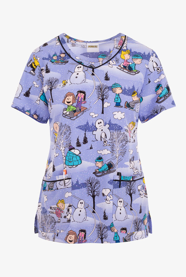 Tooniforms Peanuts Skate Date Women's 2-Pocket STRETCH V-Neck Print Scrub Top - null - 1