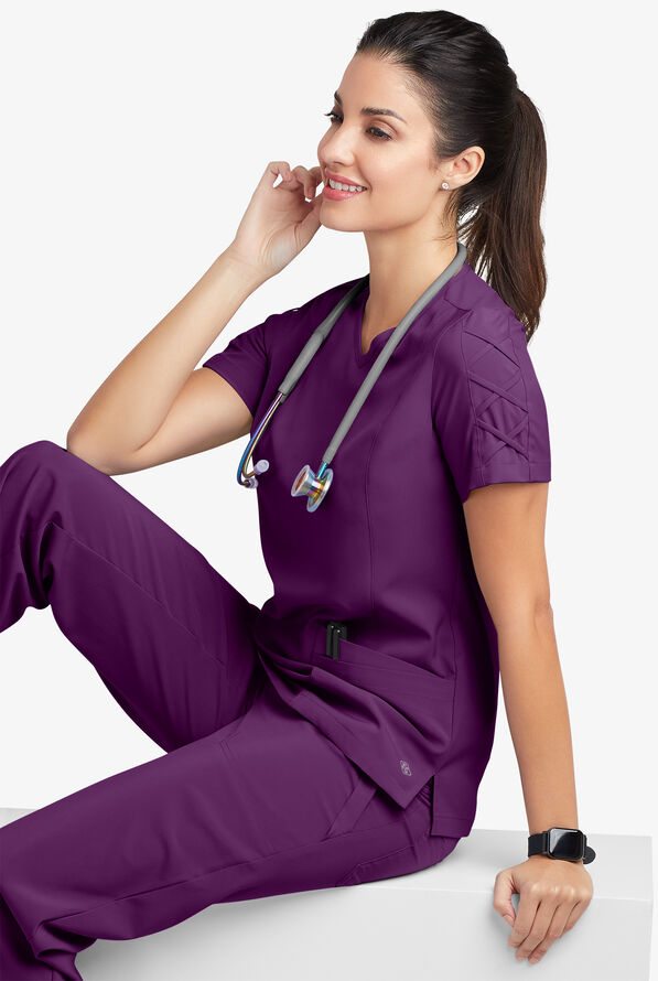 Easy STRETCH Kylie Woman's 5 Pocket V-Neck With Criss-Cross Detail Scrub Top - Eggplant - 8