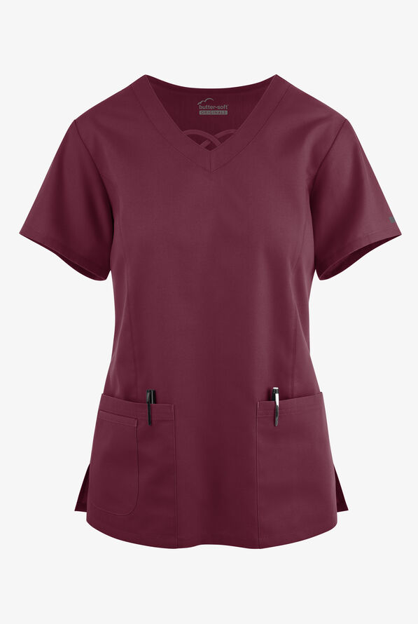 Blusa médica Butter-Soft Originals con cuello entrecruzado y 3 bolsillos para mujer - Wine - 1