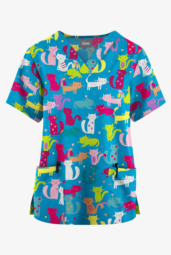 Blusa m&eacute;dica estampada Butter-Soft Originals Meow Meow Turquoise con cuello en V y 2 bolsillos para mujer - null - 1