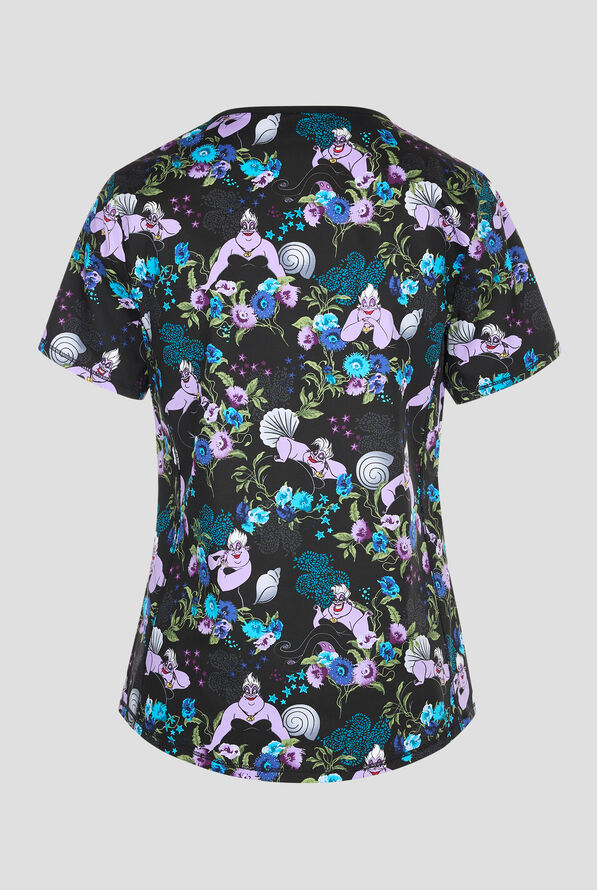 Tooniforms Disney's Little Mermaid Ursula Energy Women's 2-Pocket STRETCH V-Neck Print Scrub Top - null - 2