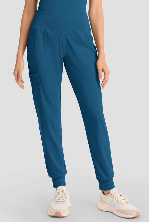 Cherokee Achieve Women's 5-Pocket STRETCH Cargo Jogger Knit Scrub Pants - Petite - Caribbean Blue - 1