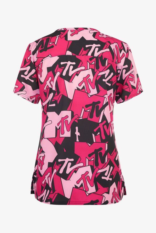 MTV Retro by Funscrubs Women's 2-Pocket STRETCH V-Neck Print Scrub Top - null - 2