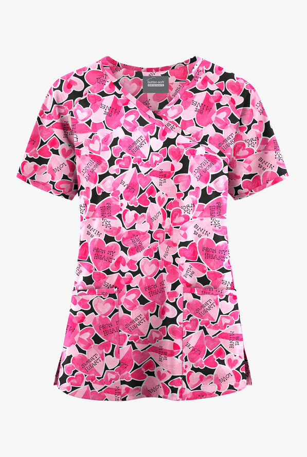 Butter-Soft Originals From My Heart Women's 3-Pocket Raglan Sleeve Mock Wrap Print Scrub Top - null - 1