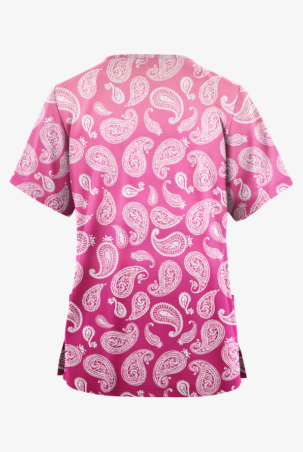 Butter-Soft Originals Paisley Gradient Fuchsia Women's 2-Pocket Classic Fit V-Neck Print Scrub Top - null - 2