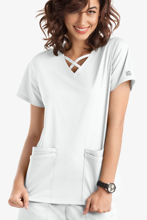 Blusa m&eacute;dica UA Butter-Soft STRETCH con lazos entrecruzados y 4 bolsillos para mujer - White - 2