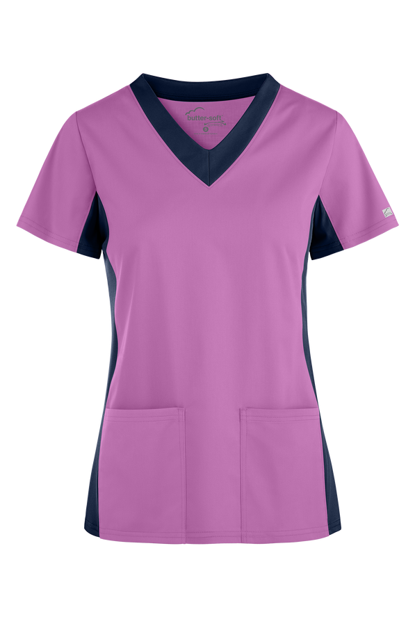 Butter-Soft STRETCH Women's 3-Pocket Contrast Scrub Top - Orchid/Navy - 1