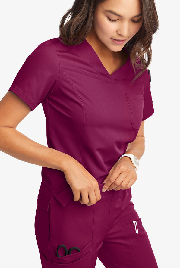 Butter-Soft Women's 3-Pocket V-Neck Tuck-In Scrub Top **Slightly IRREGULAR** - Wine - 3