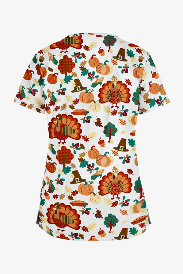 Butter-Soft Thanksgiving Time Women's 4-Pocket Rounded V-Neck Print Scrub Top - null - 2