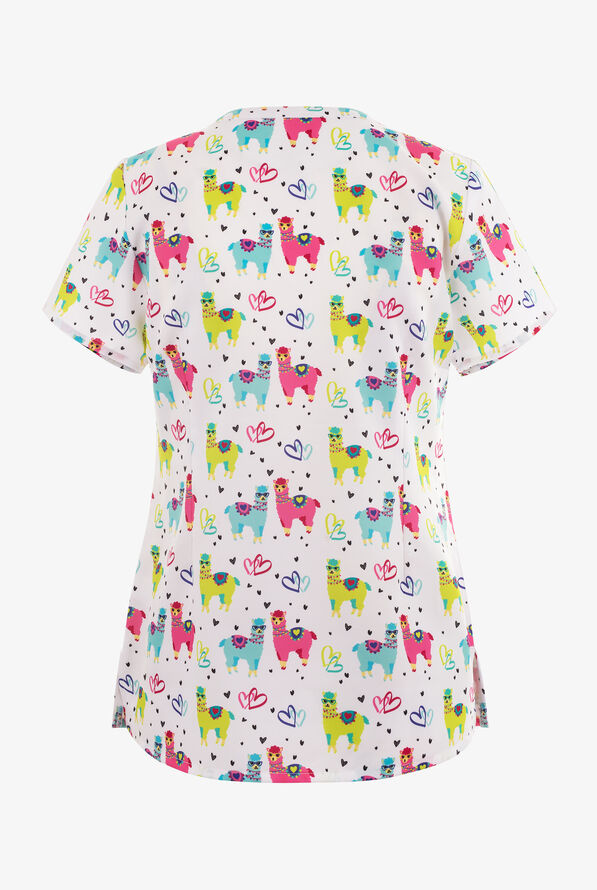 Maevn Llama Momma Hearts Women's 3-Pocket V-Neck Print Scrub Top - null - 2