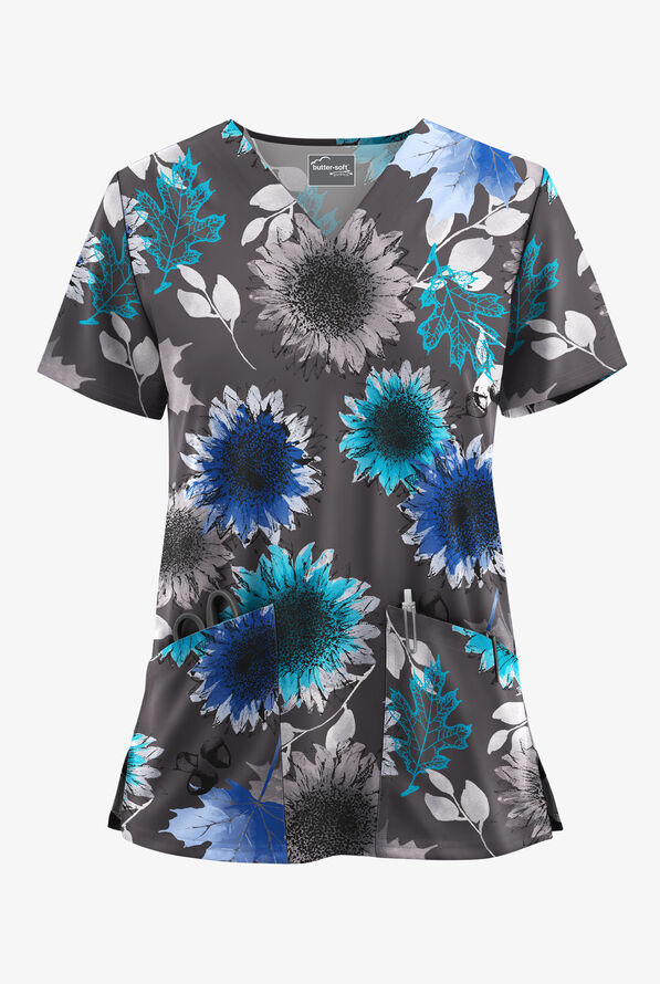 Butter-Soft STRETCH Sunflowers Pewter Women's 2-Pocket V-Neck Print Scrub Top - null - 1