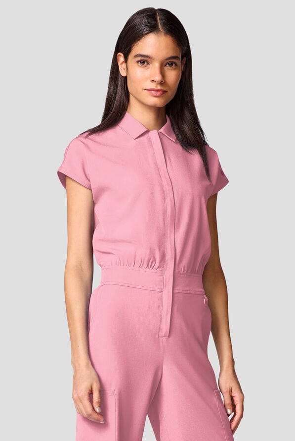 Med Couture Amp Women's 4-Pocket STRETCH Dolman Sleeve Collar Neck Wide Leg Scrub Jumpsuit - Pixel Pink - 3