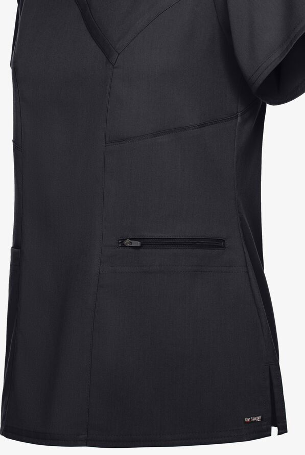 Grey's Anatomy by Barco Spandex STRETCH Kim Women's 3-Pocket Mock Wrap Scrub Top - Black - 4
