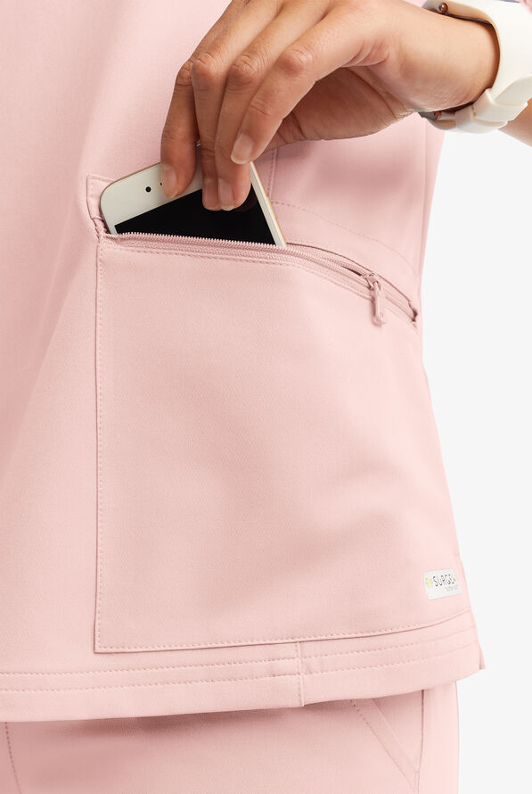 Butter-Soft Women's 5-Pocket Zipper Neck Short Sleeve Scrub Top **Slightly IRREGULAR** - Sweet Pink - 6