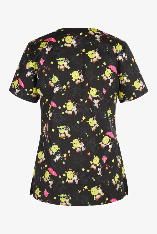 Tooniforms Shrek Life Women's 3-Pocket STRETCH V-Neck Print Scrub Top - null - 2