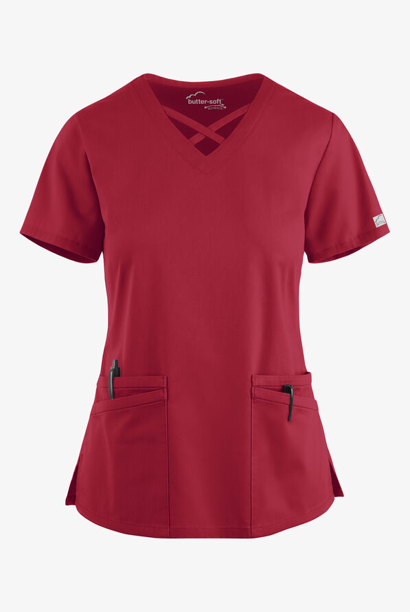 Blusa m&eacute;dica UA Butter-Soft STRETCH con lazos entrecruzados y 4 bolsillos para mujer - Ruby - 1