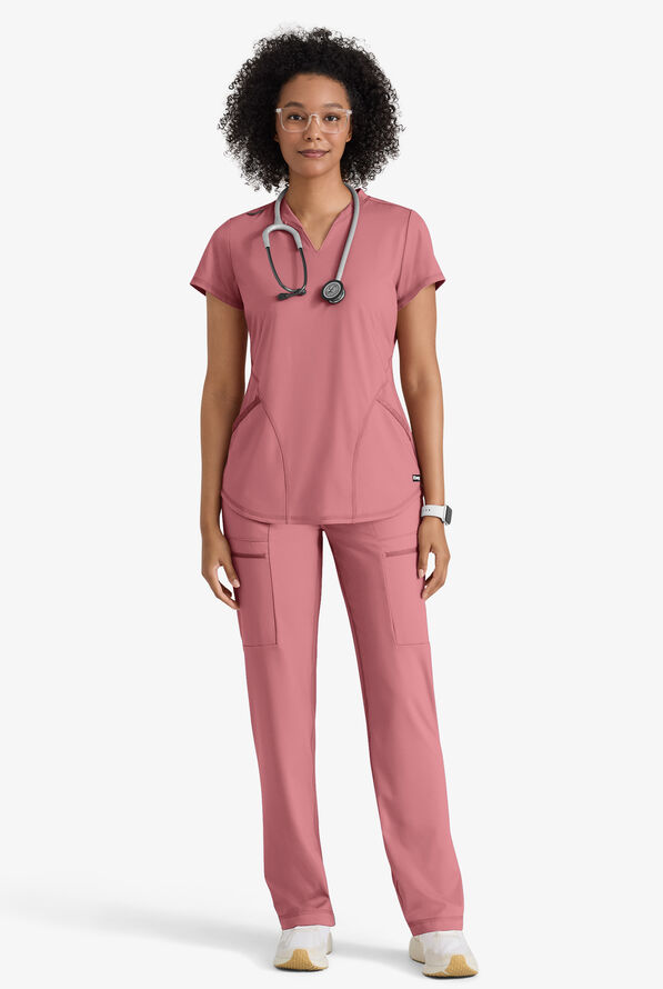 Grey's Anatomy by Barco Knit STRETCH Define Women's 2-Pocket Banded Notched V-Neck Scrub Top - Canyon Pink - 3
