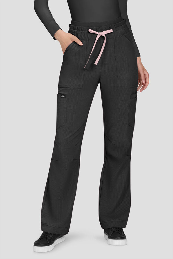 koi Solis Freda Women's 8-Pocket STRETCH Rib-Knit Double Waist Straight Leg Cargo Scrub Pant - Black - 1