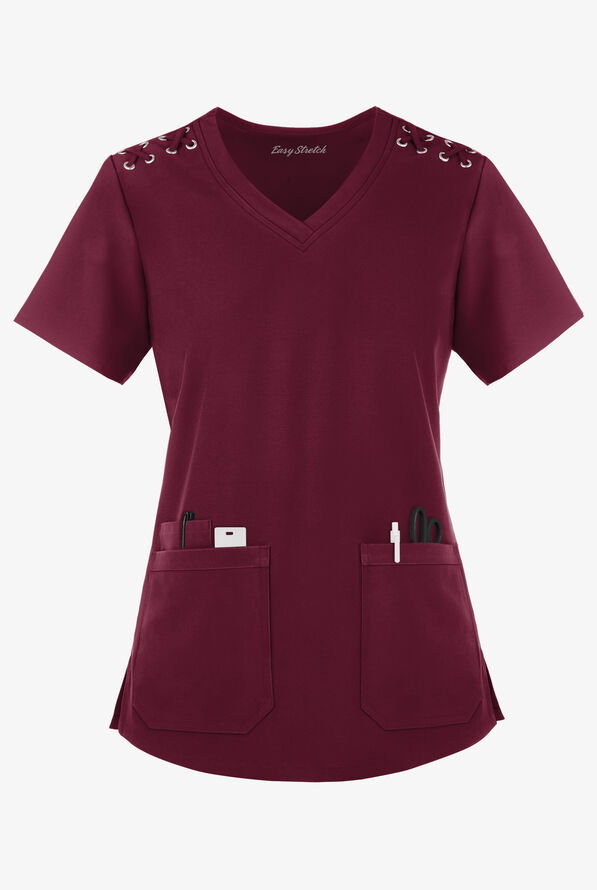 Blusa médica Easy STRETCH Leila con ojales y lazos para mujer - Wine - 1