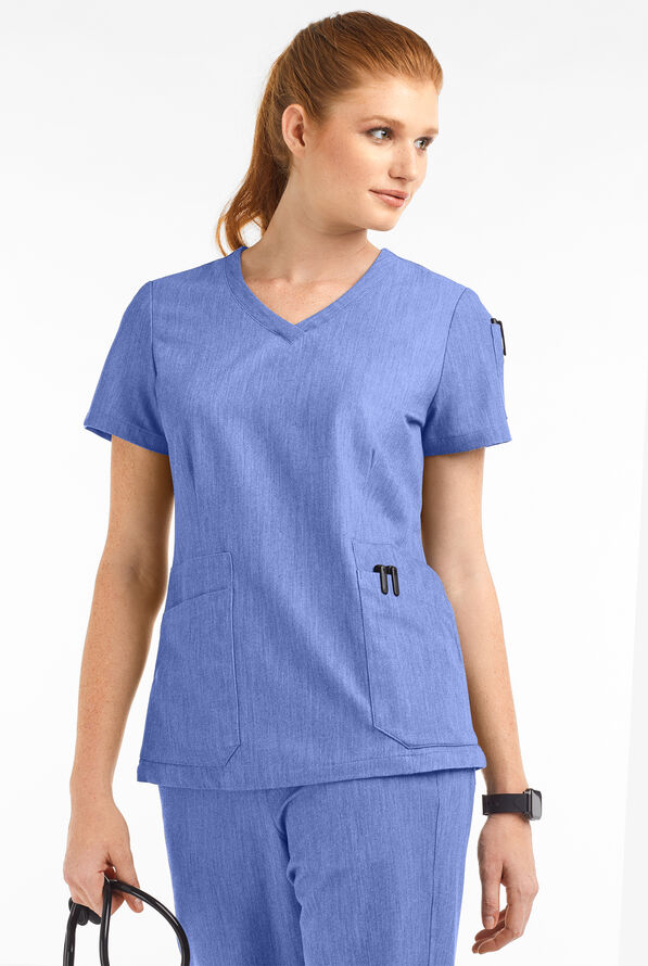 Blusa médica MOVEMENT by Butter-Soft Antares STRETCH con cuello en V y 6 bolsillos para mujer - Electric Blue Heather - 2