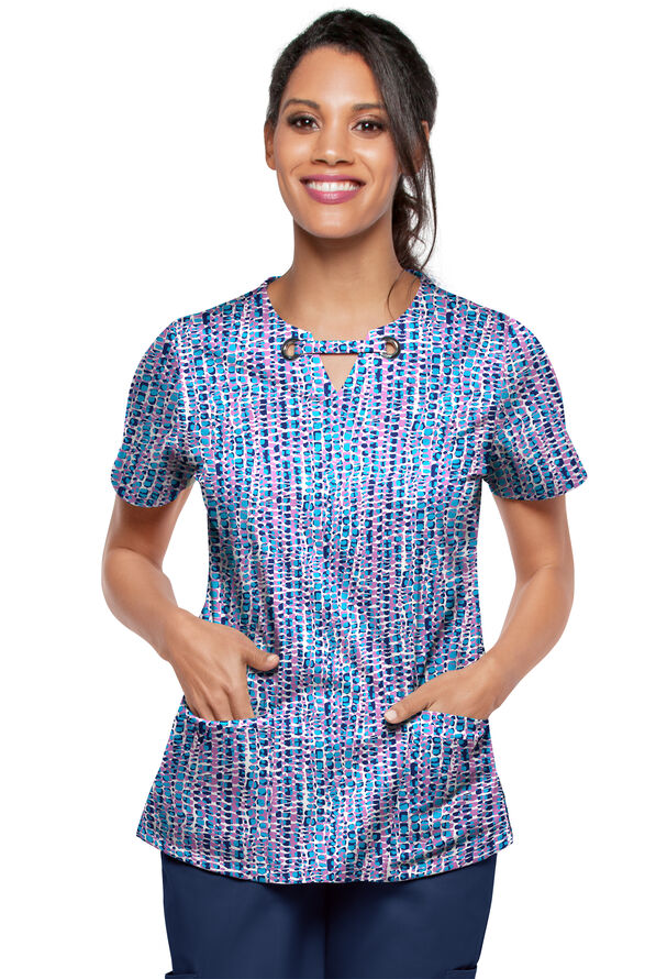 Butter-Soft STRETCH Urban Animal Orchid Women's 4-Pocket Grommet Print Scrub Top - null - 2