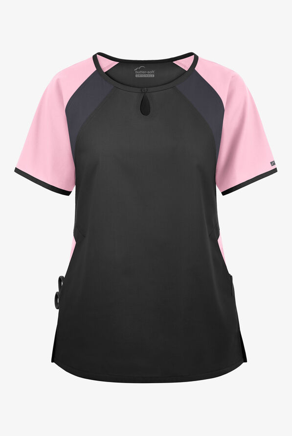 Butter-Soft Originals Women's 3-Pocket Keyhole Neck Tri-Colorblock Scrub Top - Black/Blush/Pewter - 1