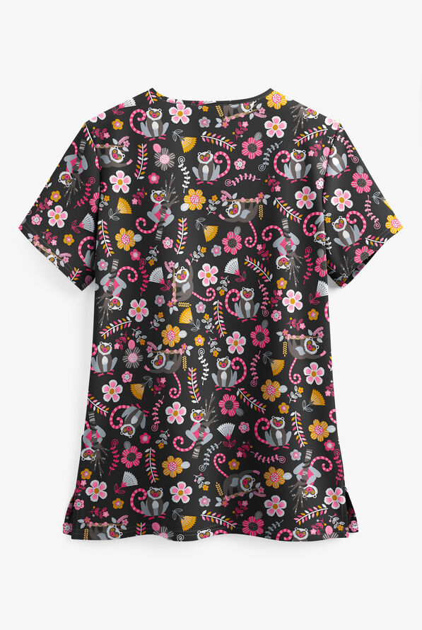 UA Butter-Soft STRETCH Lemur Love Black Printed Women's 2-Pocket V-Neck Scrub Top - null - 2