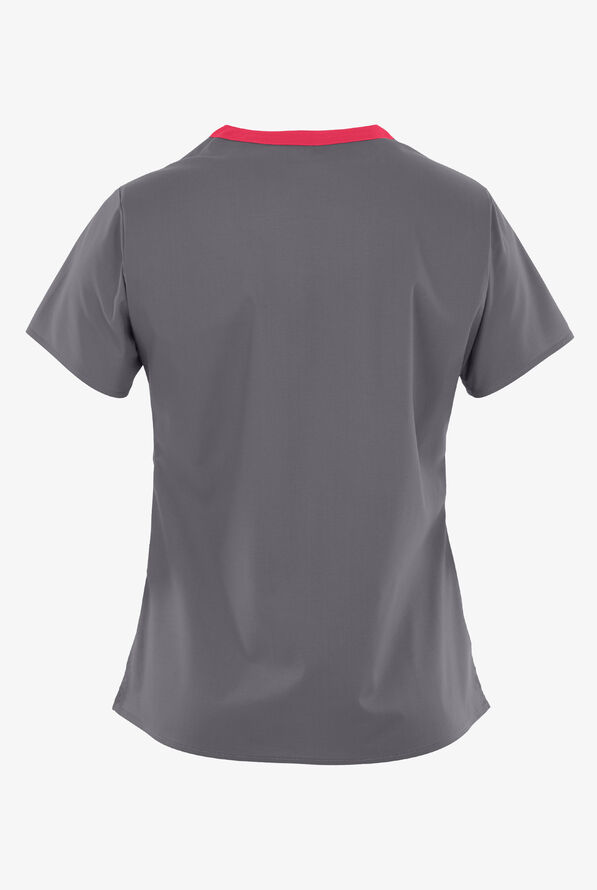 WonderWink WonderFLEX Verity Women's 4-Pocket STRETCH Cotton Rich V-Neck Scrub Top - Pewter/Papaya - 4