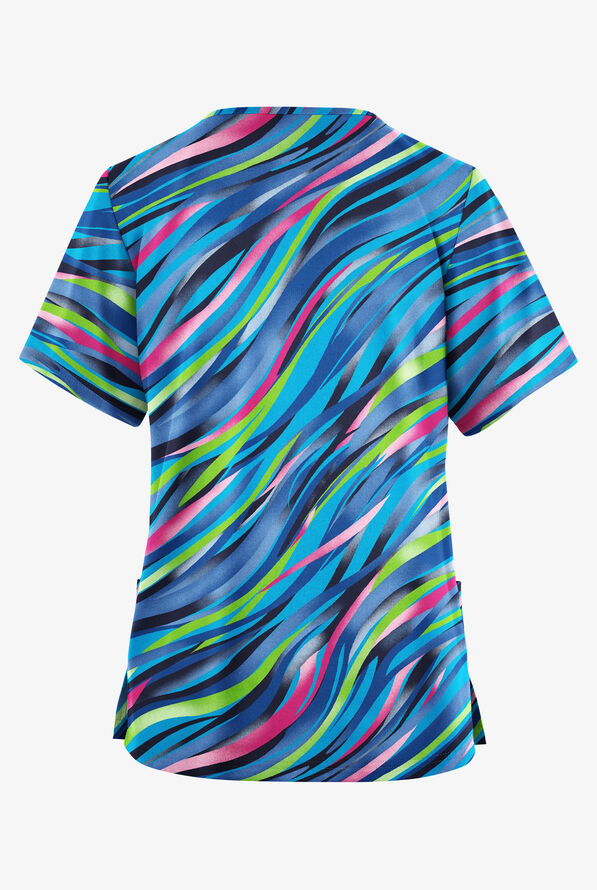Blusa médica estampada Butter-Soft Originals Color Waves Navy de corte clásico con cuello en V y 2 bolsillos para mujer - null - 2