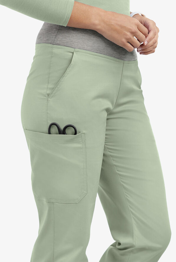 Butter-Soft STRETCH Women's 4-Pocket Knit Waistband Yoga Scrub Pants - Tall - SAGE GREEN/SILVER MELANGE - 4