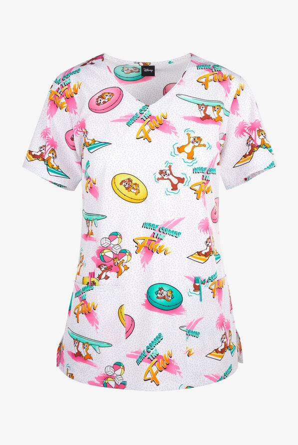 Tooniforms Disney's Chip N' Dale Beach Fun Women's 3-Pocket STRETCH V-Neck Print Scrub Top - null - 1