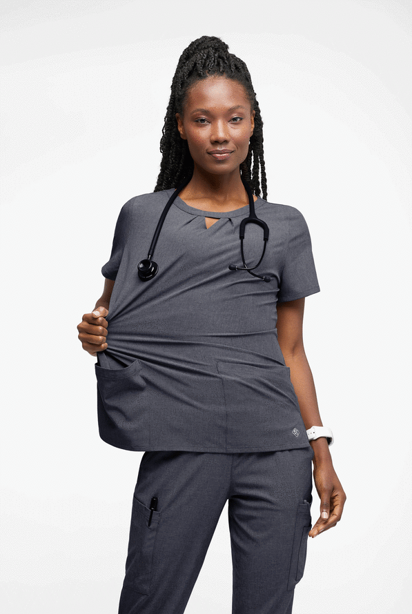 Easy STRETCH Salma Women’s 3-Pocket Keyhole Neck Scrub Top - Charcoal Heather - 4