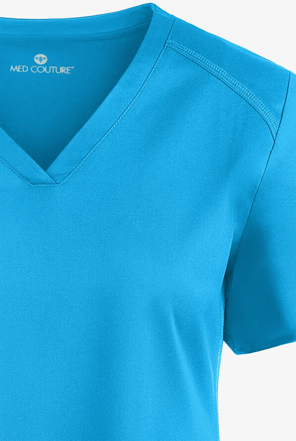 Med Couture Touch Women's 3-Pocket STRETCH Rib-Knit Side Panels Shirttail V-Neck Scrub Top - Mali-Blue Shore - 4
