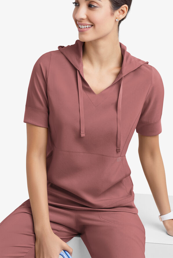 Easy STRETCH True Women's 3-Pocket Short Sleeve Pull-Over Scrub Hoodie - Soft Chestnut - 1