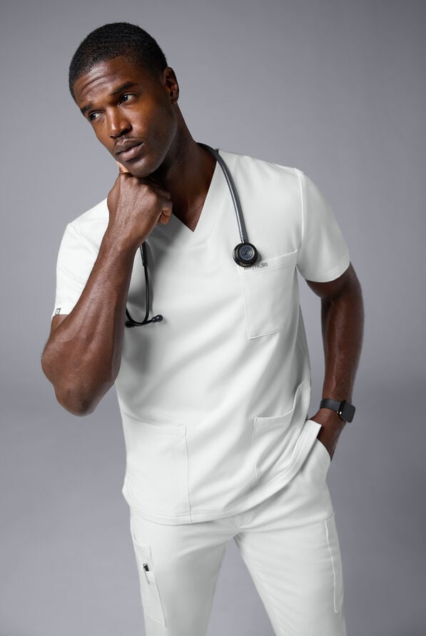 Hypothesis S-R Shift Ready Men's 4-Pocket V-Neck Scrub Top - White - 7