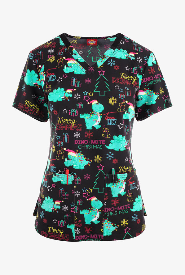 Dickies EDS Merry Rex-mas Dinosaur Women's 2-Pocket STRETCH V-Neck Print Scrub Top - null - 1