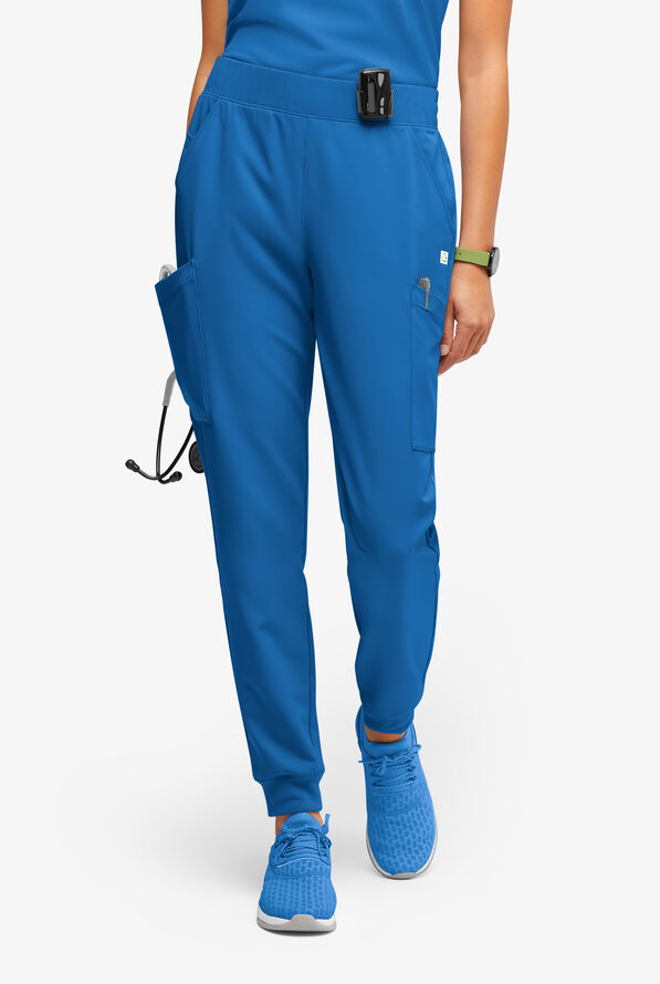 ReSurge Amber Women's Modern 7-Pocket Flat Front Slim Leg Jogger Scrub Pants - Petite - Royal - 1