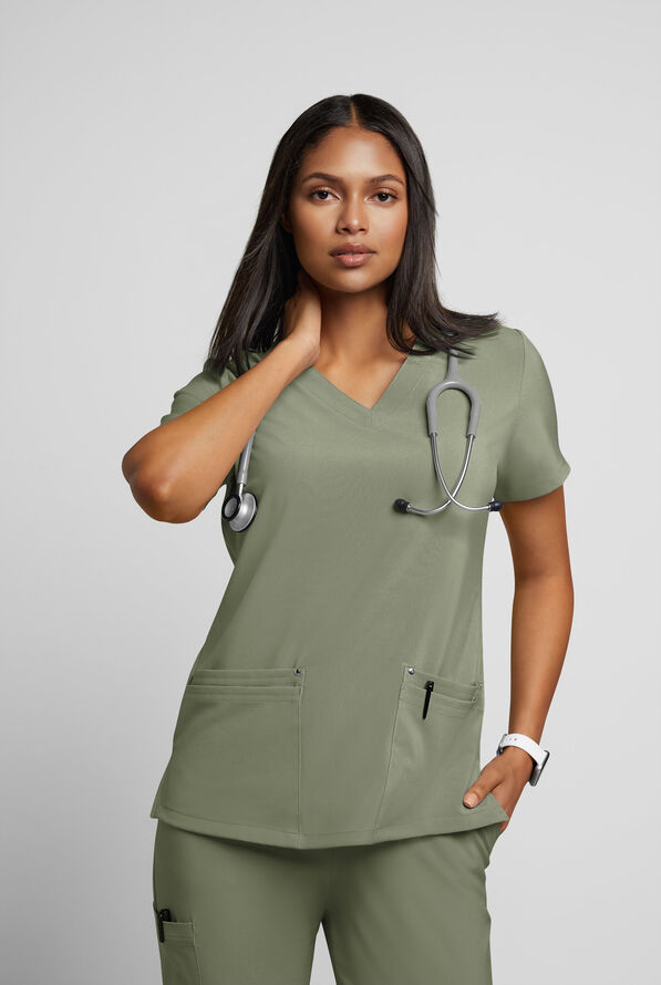 Easy STRETCH Lina Mitered Women's 4-Pocket V-Neck Scrub Top - Olive Leaf - 2