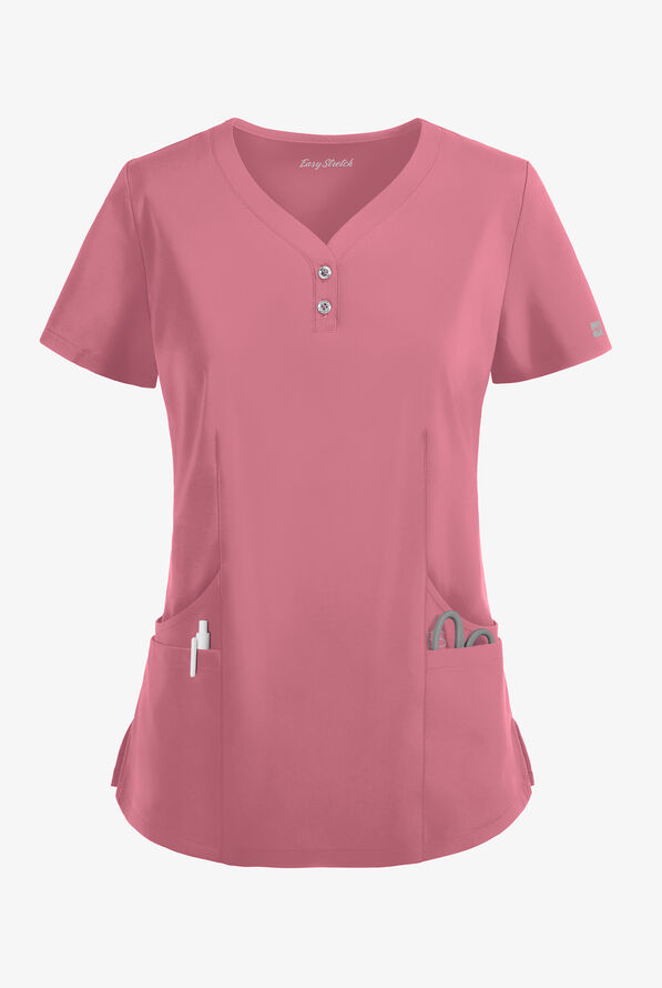 Blusa médica Easy STRETCH Demi estilo Henley con 4 bolsillos para mujer - Tea Rose - 1