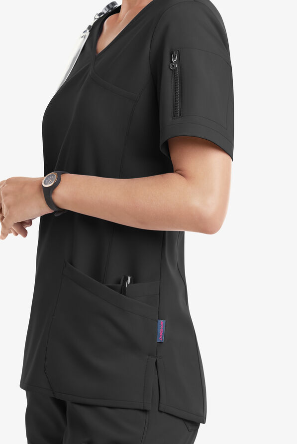 Blusa médica MOVEMENT by Butter-Soft Capella estilo cruzado con 5 bolsillos para mujer - Black - 5